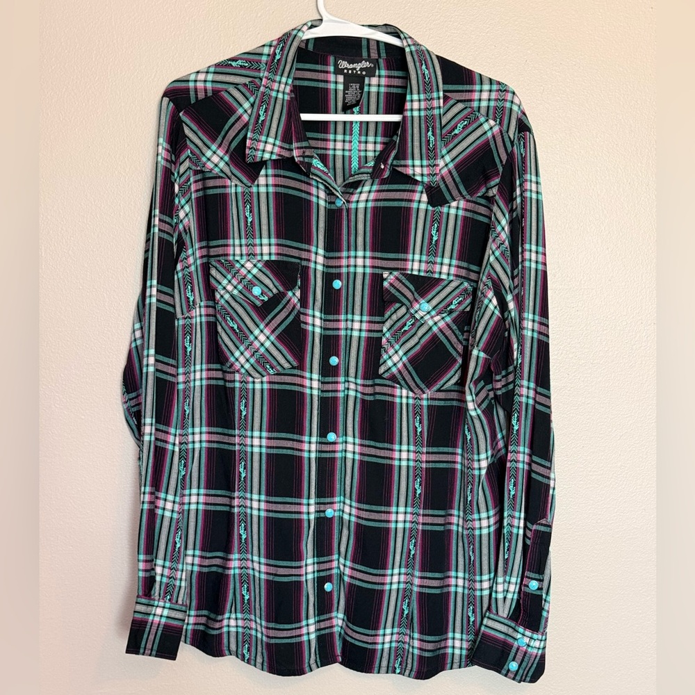 Wrangler Women  Retro Embroidered Plaid Western Turquoise Snap Shirt Large